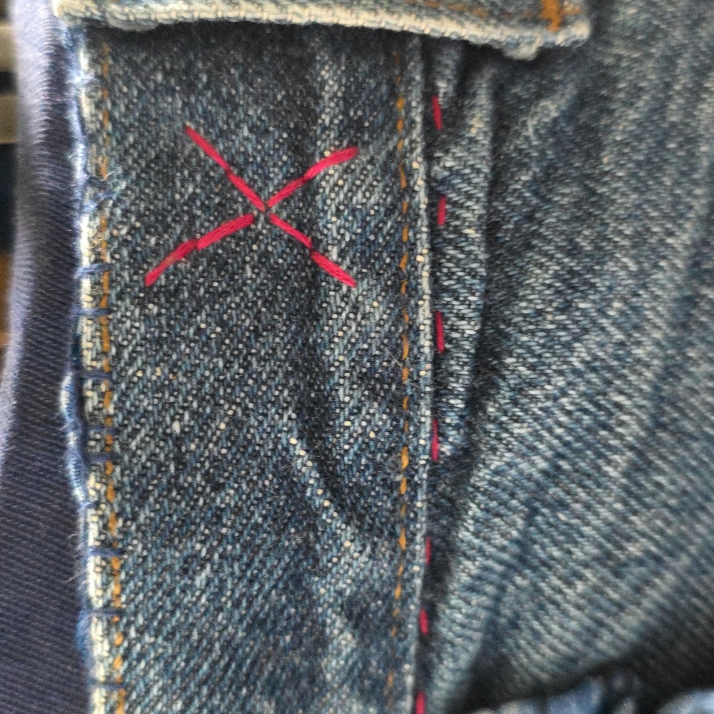 Upcycled Red and Blue Tiered Distressed Midi Blue Jean Skirt - Picture 11 of 12